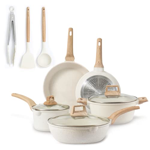 CAROTE Nonstick Cookware Sets, Pots and Pans Set White Granite, Induction  Cookware 12 Pcs Non Stick Cooking Set w/Frying Pans & Saucepans(PFOS, PFOA