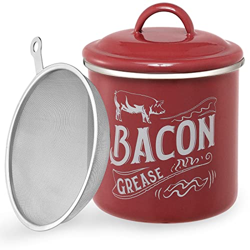 Bacon Grease Container With Strainer, 46OZ Large Enamel Grease Container,  With Silicone Spatula, Farmhouse Bacon Grease Keeper, Cooking Oil Container