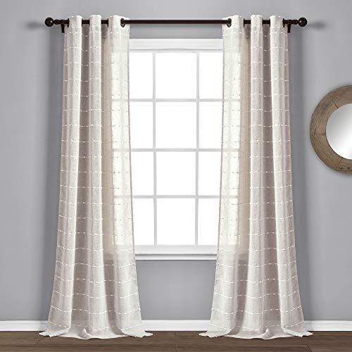 Lush Decor Beige Farmhouse Textured Grommet Sheer Window Curtain Set (84" x 38"), 84" x 38