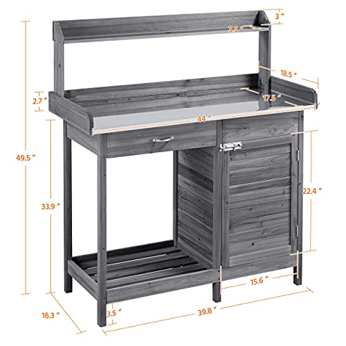 Yaheetech Potting Bench Outdoor Potting Table W/Cabinet Drawer Open Shelf W/Metal Tabletop Solid Wood Work Station W/Top Shelf & Lower Shelf Gray