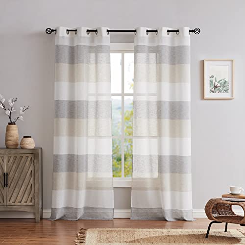 Central Park Gray Tan Stripe Sheer Color Block Window Curtain Panel Linen Window Treatment for Bedroom Living Room Farmhouse 84 inches Long with Grommets, 2 Panel Rustic Drapes