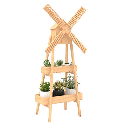 Outsunny Outdoor Plant Stand, 2 Tier Wood Flower Stand with Windmill, Garden Decor Plant Shelf with Built-in Mini Bird House, Great for Indoor/Outdoor