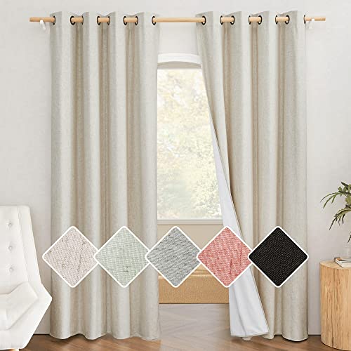 NICETOWN Natural 100% Blackout Linen Curtains 84 inch Long Burg for Living Room, Farmhouse Thick Completely Bedroom Thermal Insulated Drapes Window Treatment Panels (1 Pair, 52" Width Each Panel)