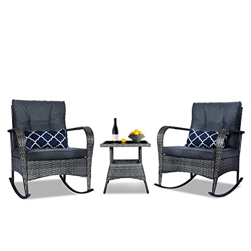 FUNKOCO 3 Pieces Patio PE Rattan Conversation Chair Set, Outdoor Furniture Rocking Chair Set with Water-Proof Cushion&Coffee Table for Garden,Backyard and Porch (Dark Grey)