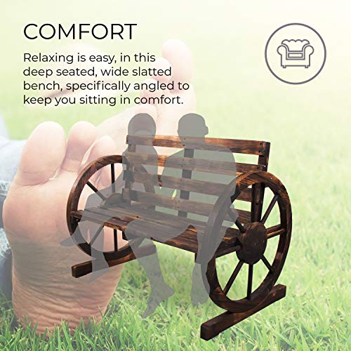 BACKYARD EXPRESSIONS PATIO · HOME · GARDEN 906969-NM Rustic Outdoor Wagon Wheel Design-Slatted Farmhouse Garden, Patio, Porch | Burnt Wood Finish | 2-Person Bench | Backyard Expressions, Brown