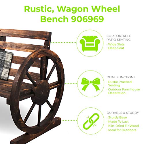 BACKYARD EXPRESSIONS PATIO · HOME · GARDEN 906969-NM Rustic Outdoor Wagon Wheel Design-Slatted Farmhouse Garden, Patio, Porch | Burnt Wood Finish | 2-Person Bench | Backyard Expressions, Brown