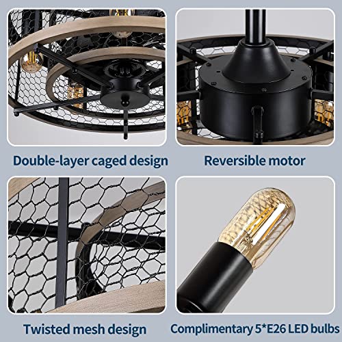 MADSHNE Caged Ceiling Fan with Lights Remote Control, 20'' Small Farmhouse Ceiling Fan with Light, Black Rustic Bladeless Ceiling Fan for Bedroom (Bulbs Included)