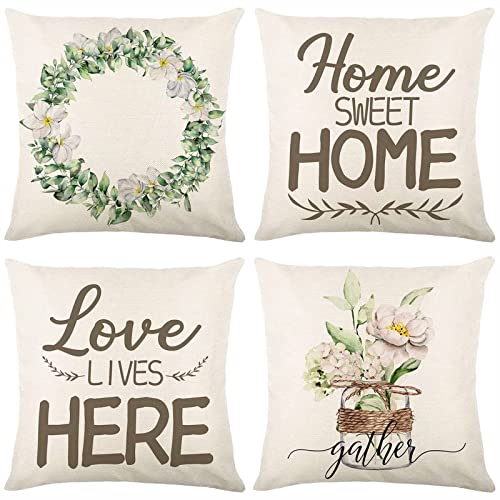 Jelomax Farmhouse Throw Pillow Covers Decorative Summer Spring Wreath Leaves Flowers Decorations 18x18 Inches Set of 4 Decor for Bed Home Linen Couch Sofa Living Room (Green and Beige)