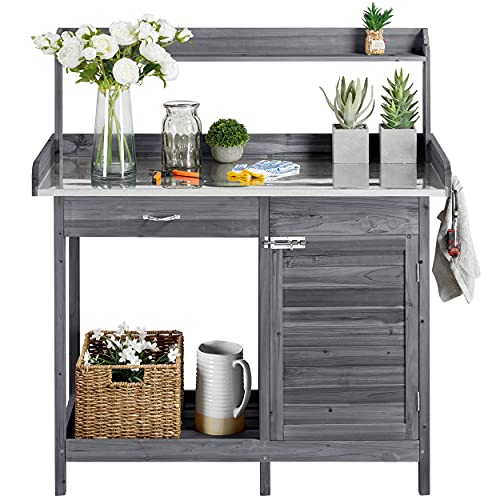 Yaheetech Potting Bench Outdoor Potting Table W/Cabinet Drawer Open Shelf W/Metal Tabletop Solid Wood Work Station W/Top Shelf & Lower Shelf Gray