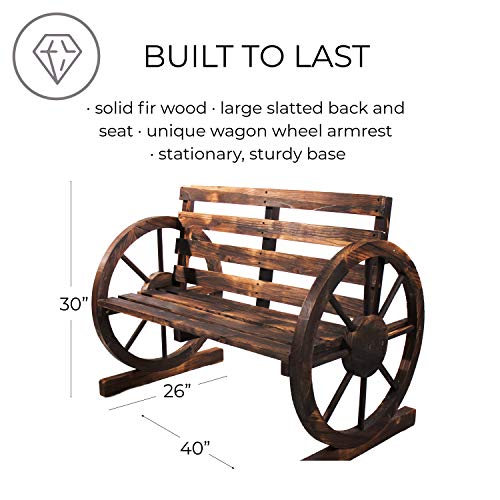 BACKYARD EXPRESSIONS PATIO · HOME · GARDEN 906969-NM Rustic Outdoor Wagon Wheel Design-Slatted Farmhouse Garden, Patio, Porch | Burnt Wood Finish | 2-Person Bench | Backyard Expressions, Brown